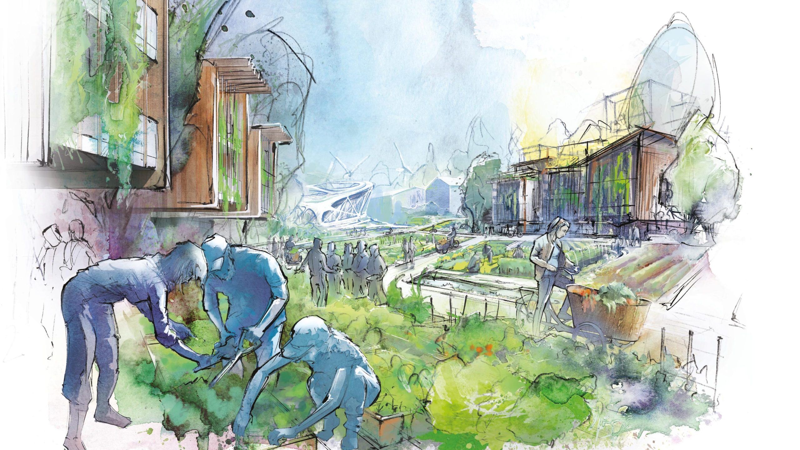 Eine Skizze der Eco City Wünsdorf mit Menschen beim Gärtnern.