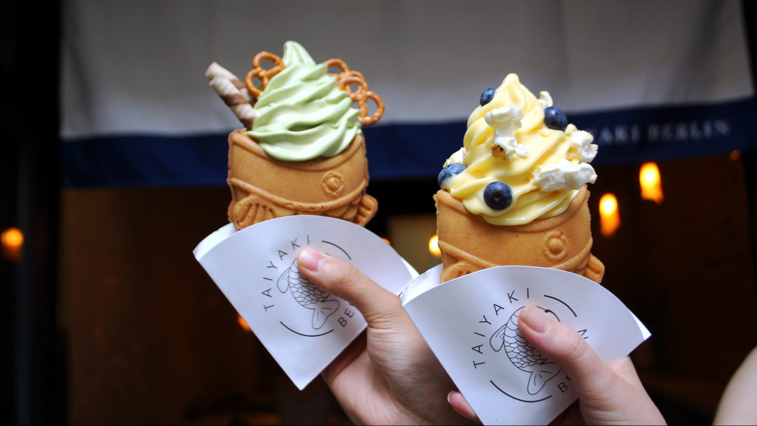 Taiyaki Fisch-Waffel mit Matcha-Eis und Yuzu Eis